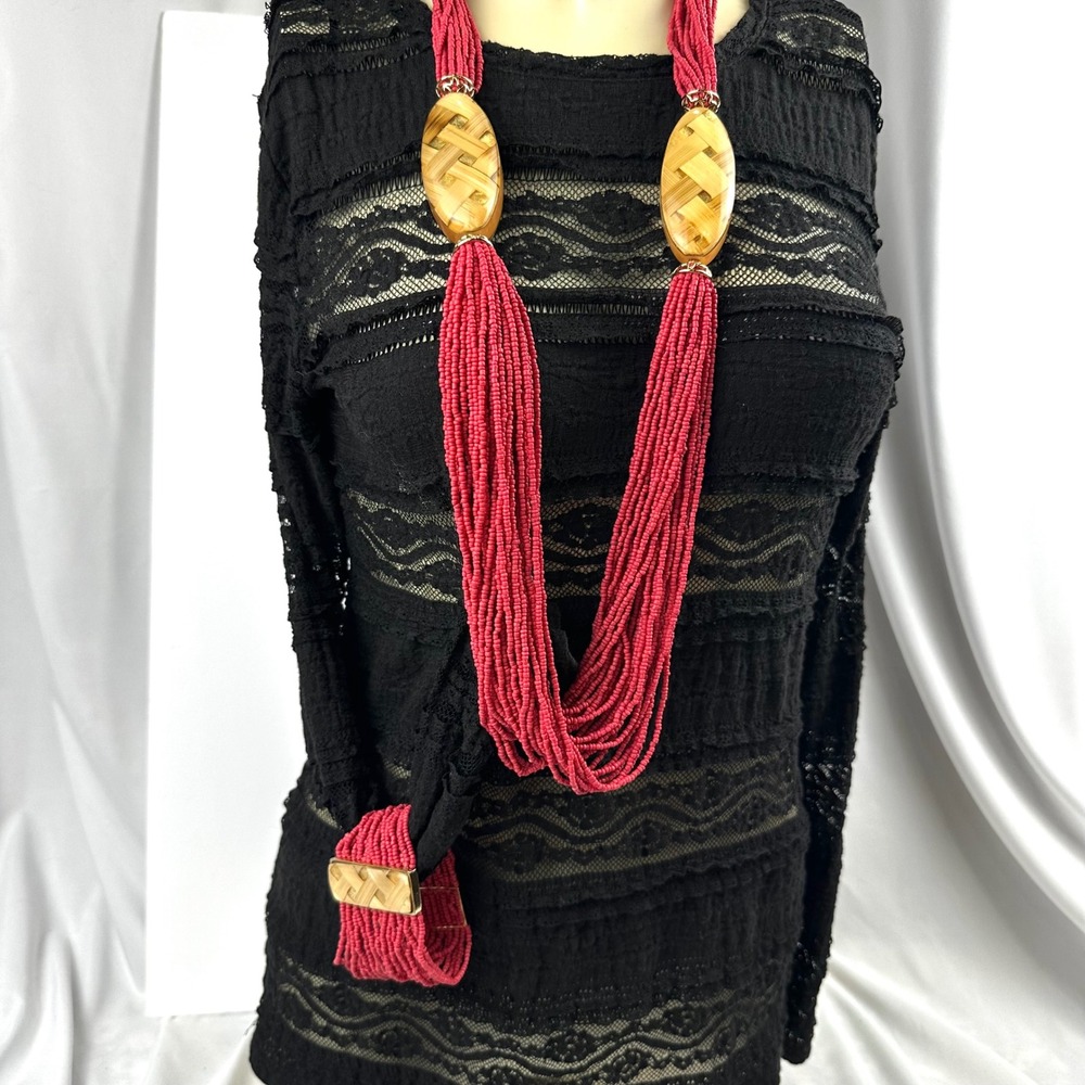 Chico's Maya Vintage Y2K Seed Bead Faux Bamboo Statement Necklace Bracelet Set